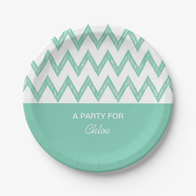 Trendy Pencil Mint Green Chevron Zigzags With Name Paper Plate (Front)