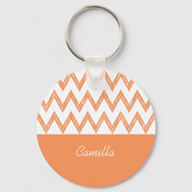 Trendy Pencil Orange Chevron Zigzags With Name Key Ring (Front)
