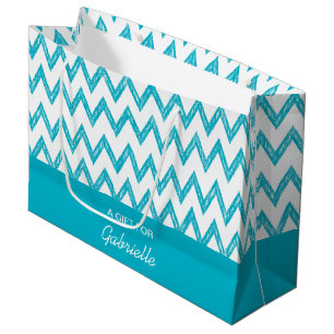 Trendy Pencil Turquoise Chevron Zigzags With Name Large Gift Bag