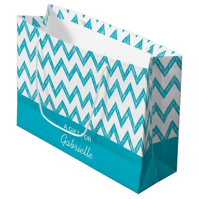 Trendy Pencil Turquoise Chevron Zigzags With Name Large Gift Bag (Front Angled)