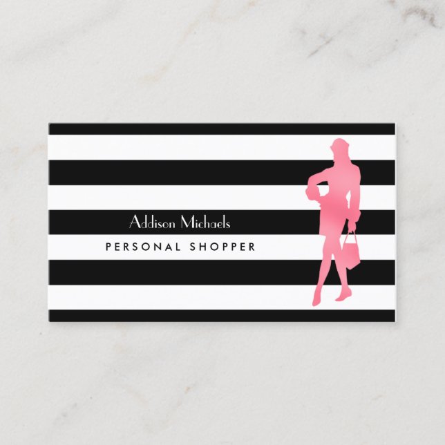 Trendy Personal Shopper Pink Woman Black Stripes Business Card (Front)