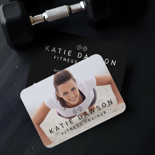 Trendy Personal Trainer Photo & Dumbell Logo Business Card