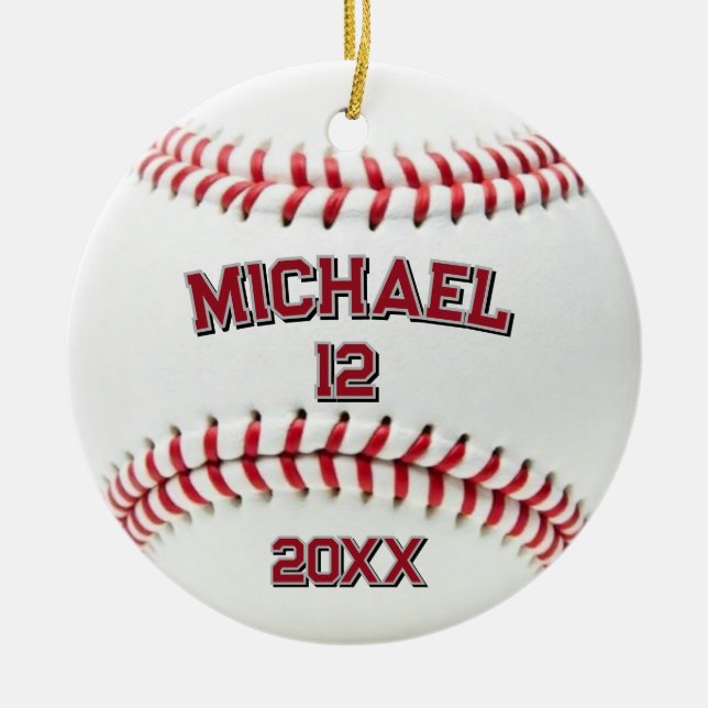 Trendy Personalised Baseball Name and Number       Ceramic Ornament (Front)