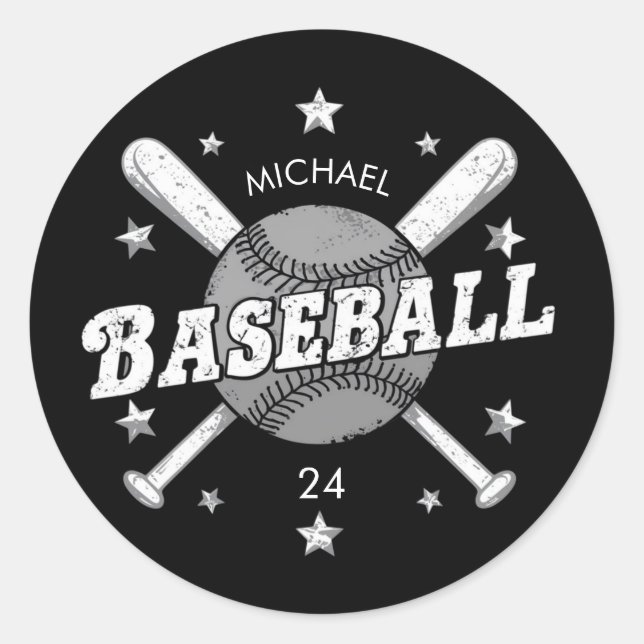 Trendy Personalised Baseball Name and Number  Classic Round Sticker (Front)
