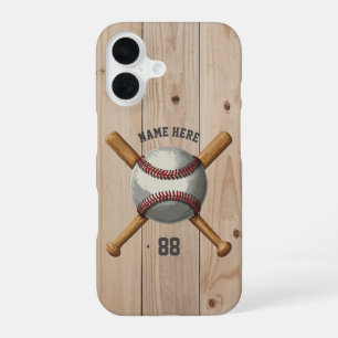 Trendy Personalised Baseball Name and Number Wood iPhone 16 Case