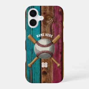 Trendy Personalised Baseball Name and Number Wood iPhone 16 Case