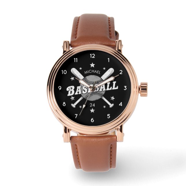 Trendy Personalised Baseball Name Number Maroon Watch (Front)