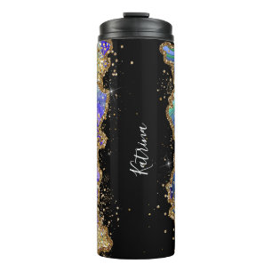 Trendy Personalised Blue Gold Agate Marble Glitter Thermal Tumbler