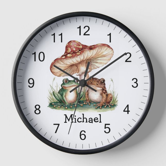 Trendy Personalised Cute Happy Frog and Mushrooms  Clock (Front)