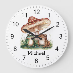 Trendy Personalised Cute Happy Frog and Mushrooms  Large Clock