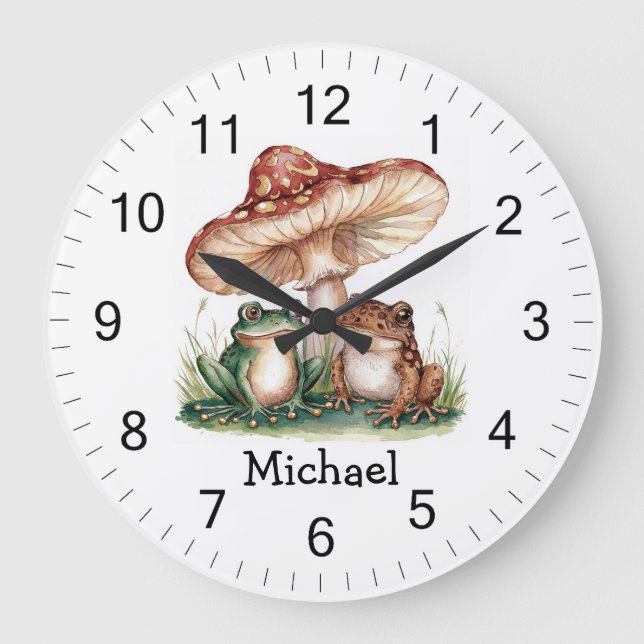 Trendy Personalised Cute Happy Frog and Mushrooms  Large Clock (Front)