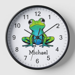 Trendy Personalised Cute Happy Green Frog Clock