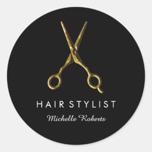 Trendy Personalised Gold Scissors Hair Salon black Classic Round Sticker