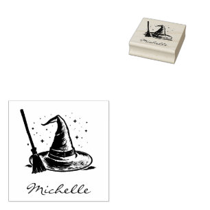 Trendy Personalised Halloween witch hat and broom Rubber Stamp