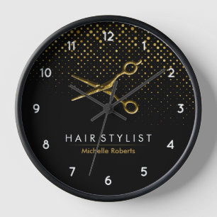 Trendy Personalised Modern black Gold Hairstylist Clock