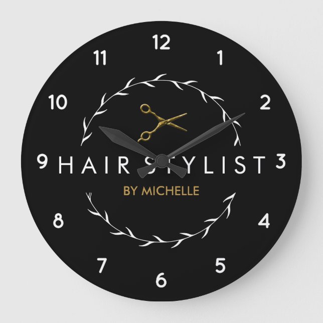 Trendy Personalised Modern black Gold Hairstylist  Large Clock (Front)