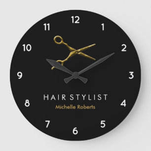 Trendy Personalised Modern black Gold Hairstylist  Large Clock