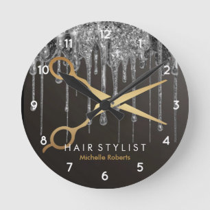 Trendy Personalised Modern silver Hairstylist  Round Clock