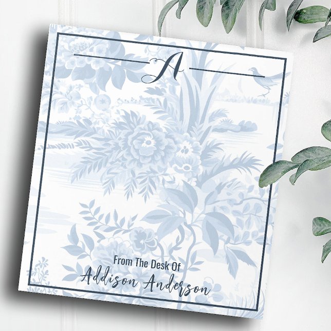 Trendy Personalised Monogram Blue Floral Toile  Notepad (Creator Uploaded)