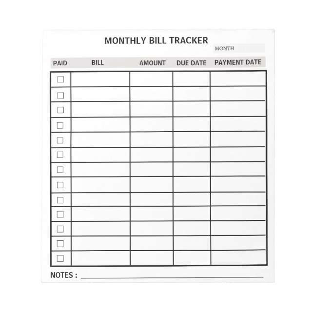 Trendy Personalised Monthly Bill Tracker Notepad (Front)