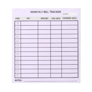 Trendy Personalised Monthly Bill Tracker Notepad