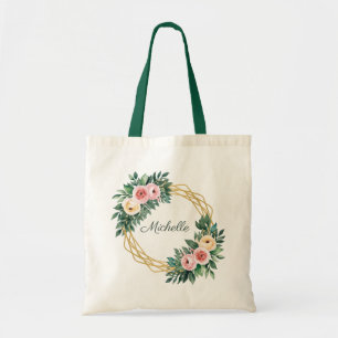 Trendy Personalised Name Botanical Gold Greenery Tote Bag