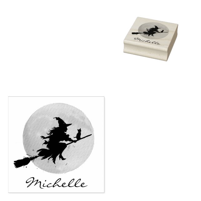 Trendy Personalised Name Cute witch Halloween Rubber Stamp (Stamped)