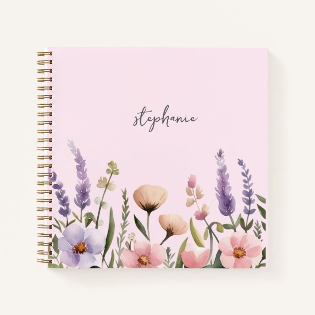 Trendy Personalised Name Watercolor Wildflower     Notebook (Front)