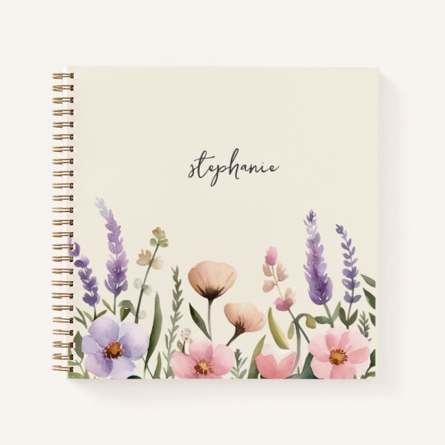 Trendy Personalised Name Watercolor Wildflower     Notebook (Front)