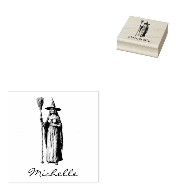 Trendy Personalised Name witch Halloween Rubber Stamp (Stamped)