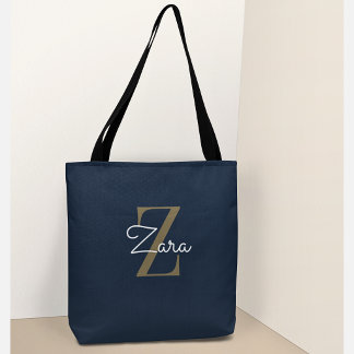 Trendy Personalised Navy Monogram Custom Name Tote Bag