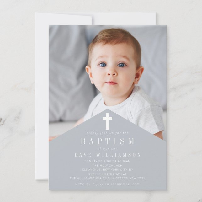 trendy personalised photo baptism invitation (Front)