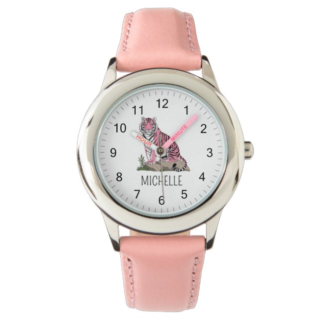 Trendy Personalized Name Cute Jungle Pink Tiger    Watch (Front)