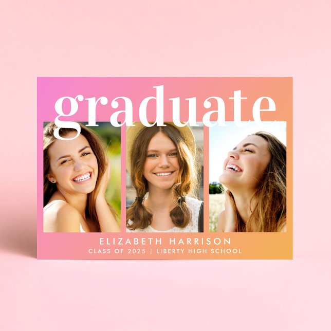 Trendy Photo Collage Pink Orange Graduation Party Invitation (A modern trendy photo collage graduation party invitation to celebrate the graduate's achievements)