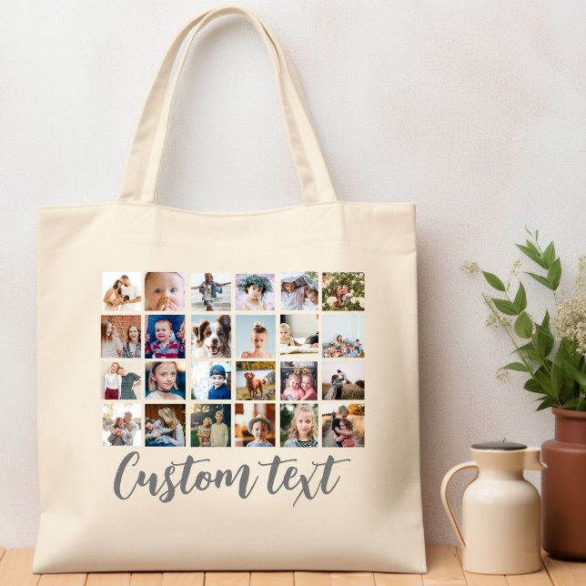 Trendy photo grid collage custom text Tote Bag (Creator Uploaded)