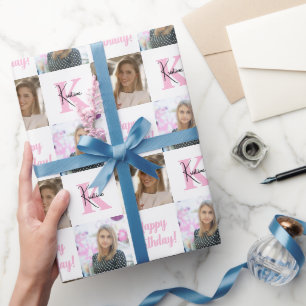 Trendy Photo Monogram Collage Birthday Gift Wrapping Paper