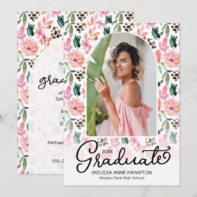 Trendy Photo on Floral Graduation Party Invitation (Front/Back)