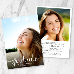 Trendy Photo White Script Graduation Party Invitation