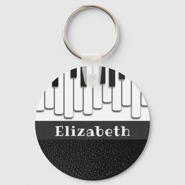 Trendy Piano Keys and Faux Black Leather Monogram Key Ring (Front)