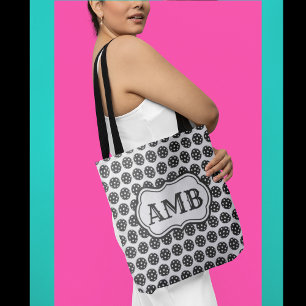 Trendy Pickleball Black & White 3 letter Monogram Tote Bag