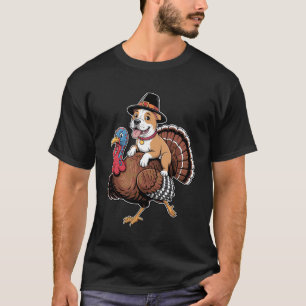 Trendy Pilgrim Pitbull Dog Riding Turkey Women Men T-Shirt