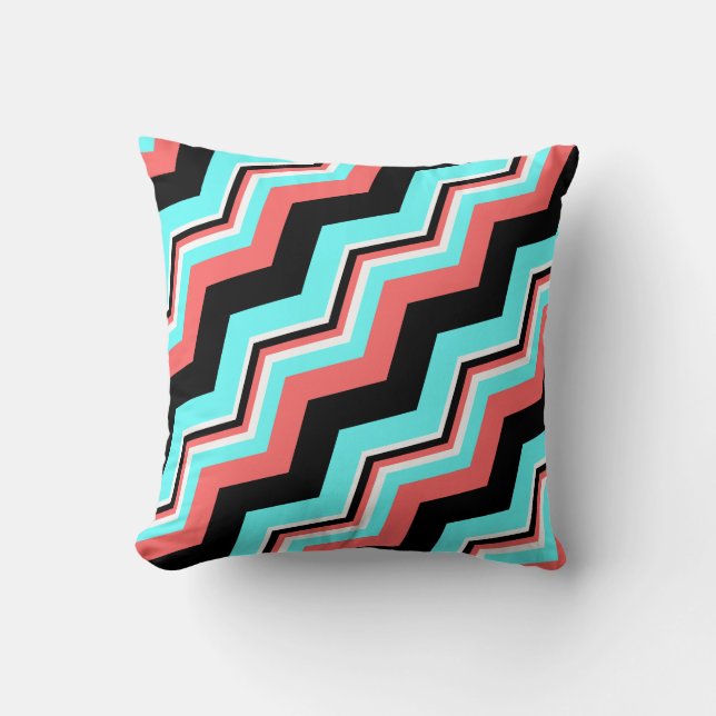 Trendy Pillow; Black, White, Coral & Teal Chevron Cushion (Front)