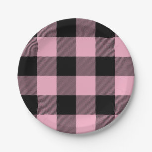 Trendy Pink and Black Buffalo Plaid Paper Plate