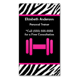 Trendy Pink and Black Dumbbell Personal Trainer Magnetic Business Card