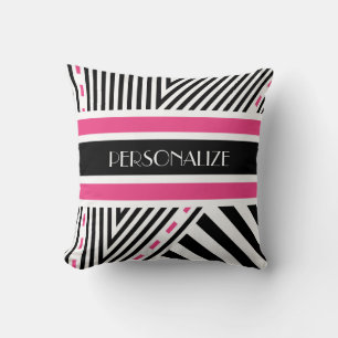 Trendy Pink and Black Geometric Stripes With Name Cushion