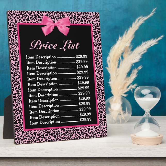 Trendy Pink And Black Leopard Hot Pink Price List Plaque (Side)