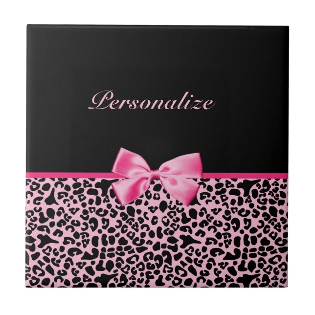 Trendy Pink And Black Leopard Hot Pink Ribbon Ceramic Tile (Front)
