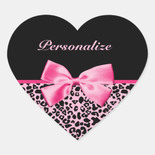 Trendy Pink And Black Leopard Hot Pink Ribbon Heart Sticker