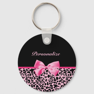 Trendy Pink And Black Leopard Hot Pink Ribbon Key Ring