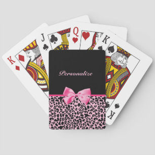 Trendy Pink And Black Leopard Hot Pink Ribbon Playing Cards